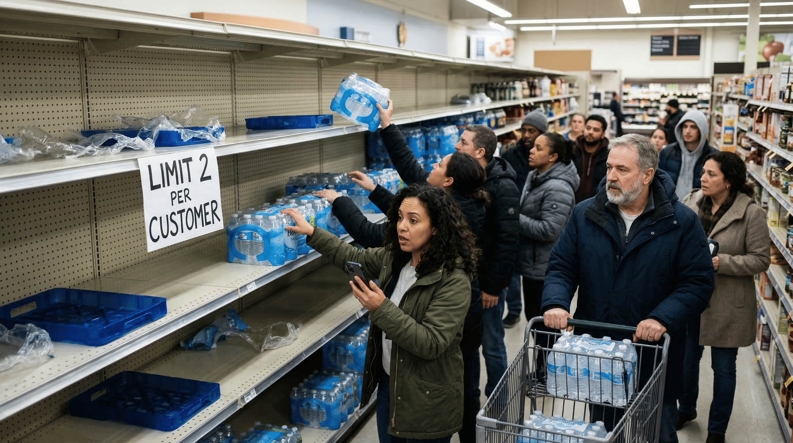 Grocery shelves stripped of bottled water
