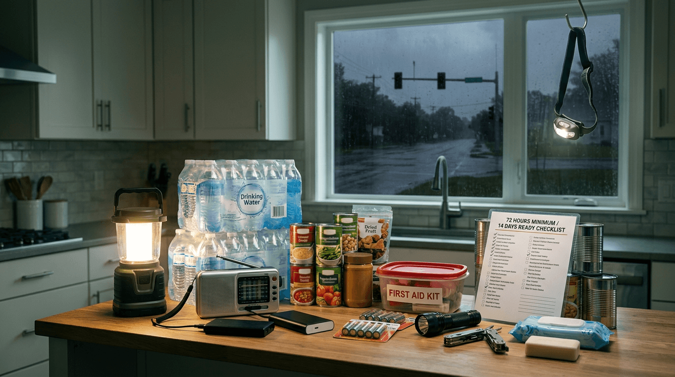 A household emergency kit with bottled water
