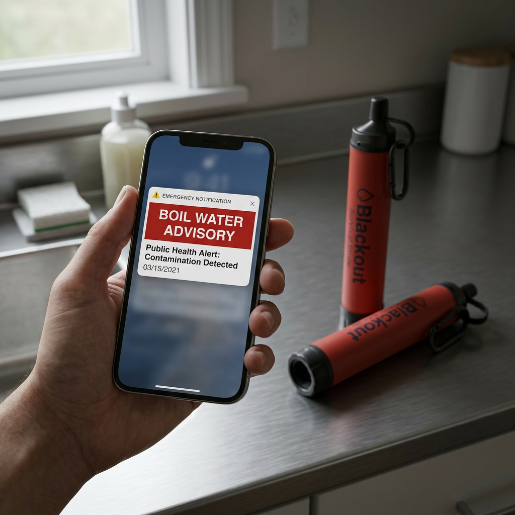 A boil-water notice on a phone next to a portable filter