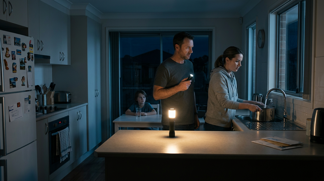 Family preparing supplies during a blackout