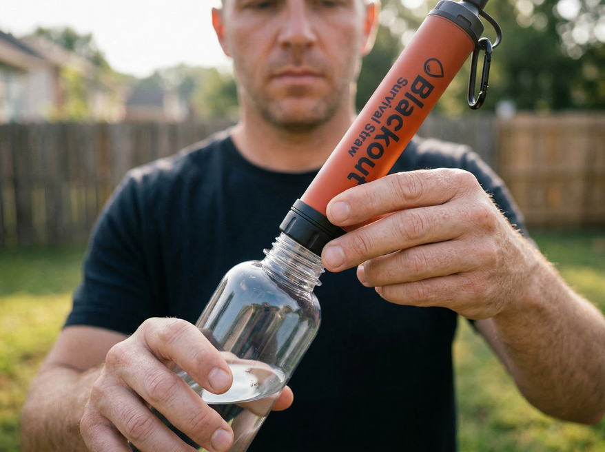 Man using Blackout Survival Straw with a water bottle