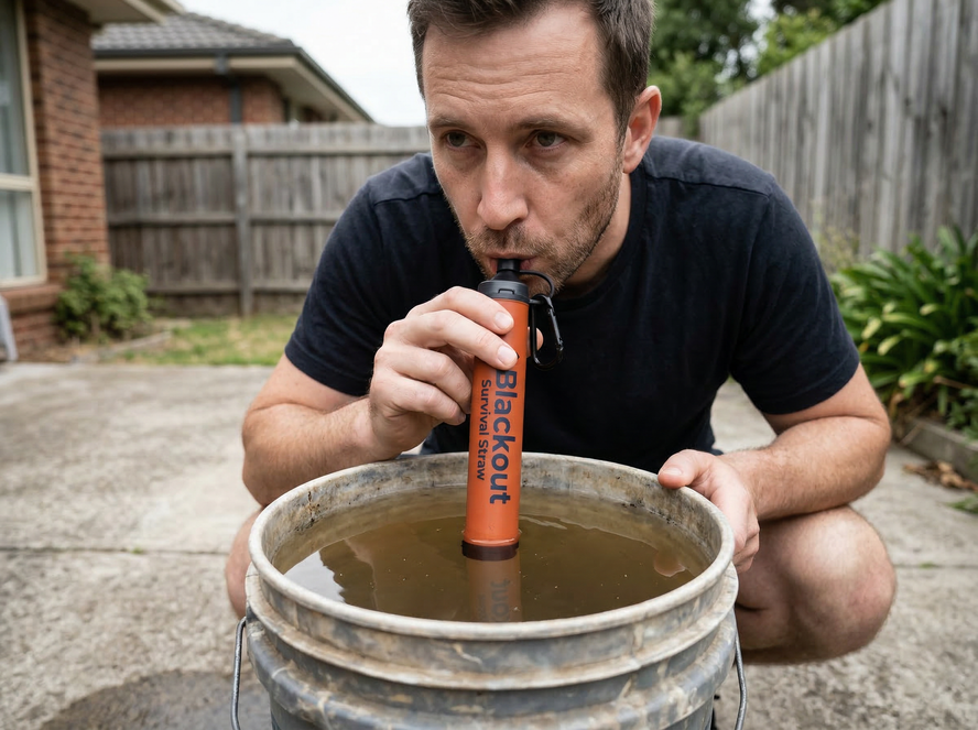 Man using Blackout Survival Straw to drink from muddy water